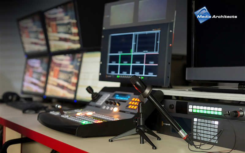 Broadcast control room with video switcher, monitors showing multiple feeds, and microphone for live production.