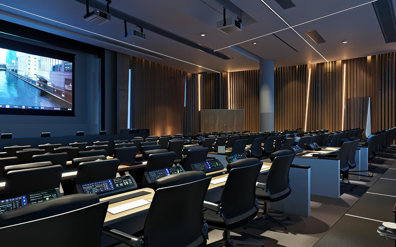 Smart corporate auditorium featuring networked AV collaboration technology.