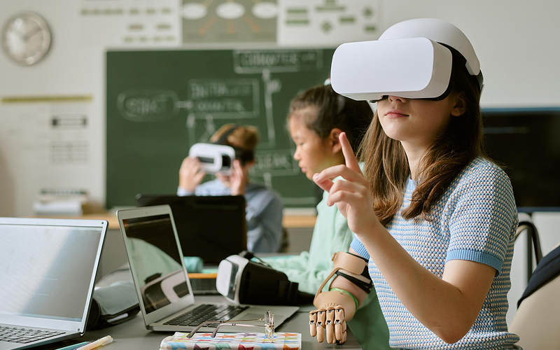 Student using VR headset for immersive future learning experience.